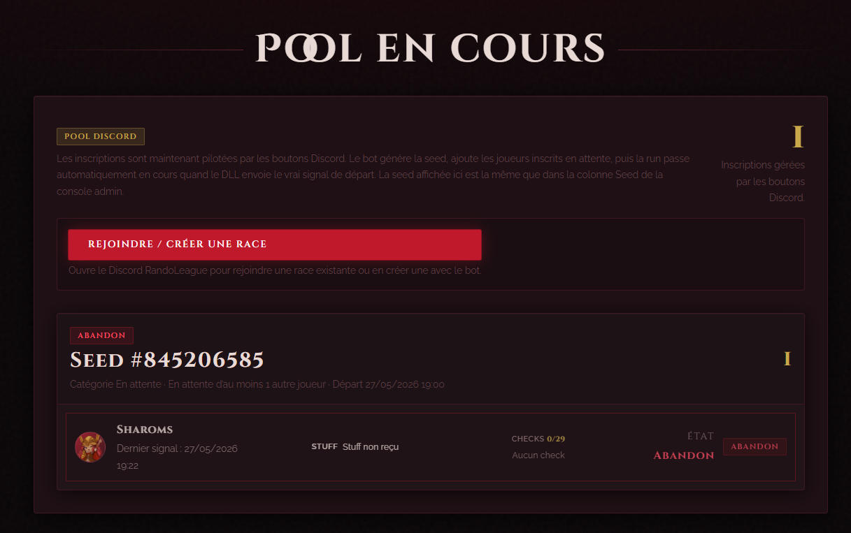 Pool en cours affichant un joueur en abandon