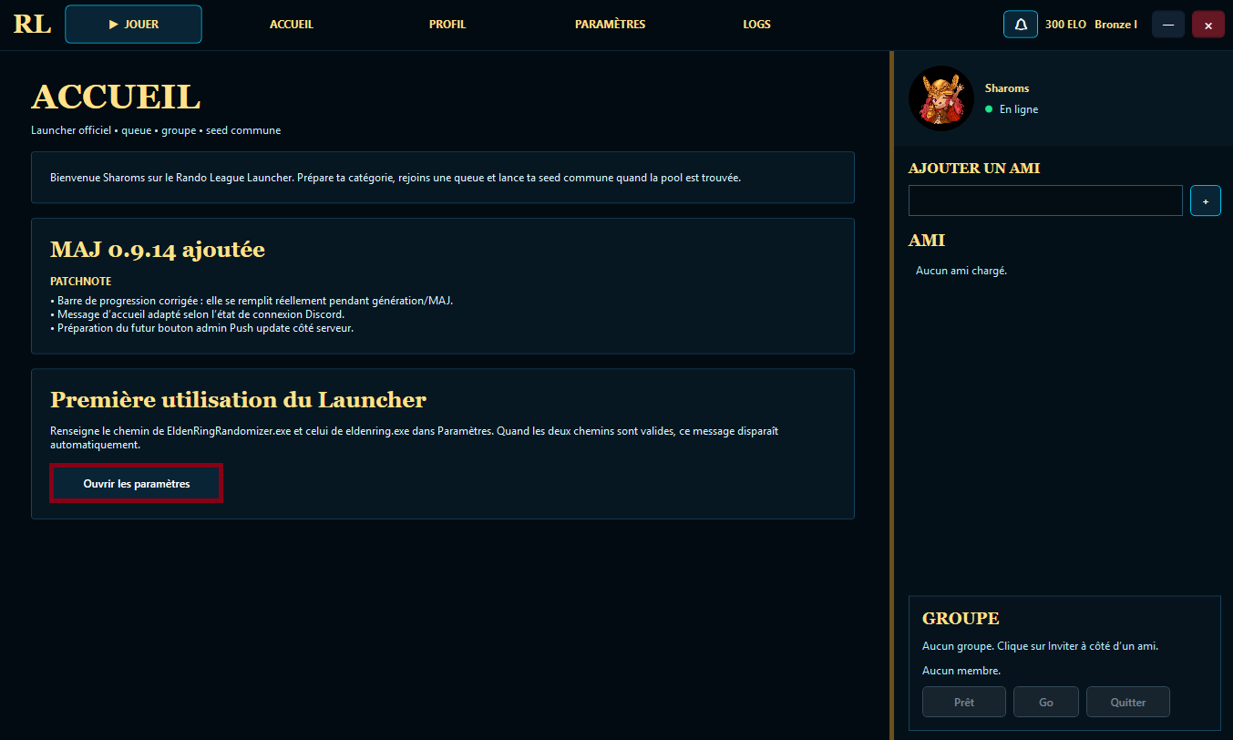 Message Premier pas du Launcher RandoLeague