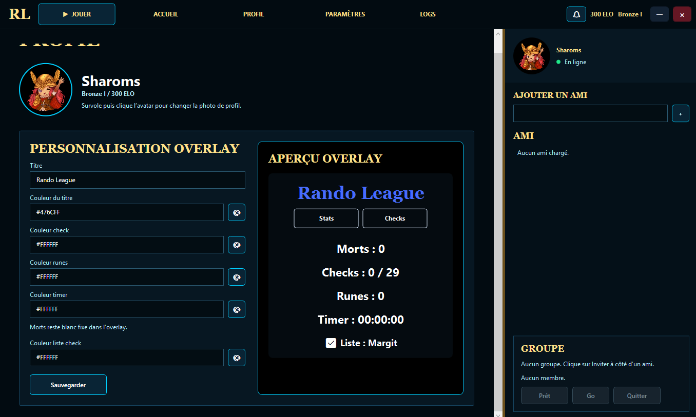 Page profil du Launcher avec personnalisation overlay