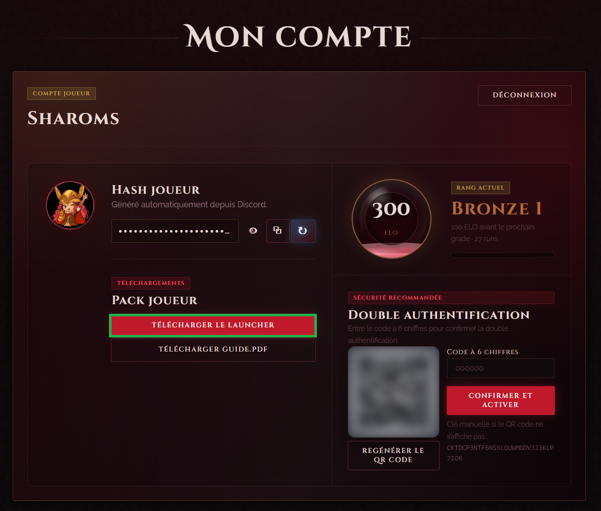 Page Mon compte RandoLeague avec téléchargement du Launcher et double authentification